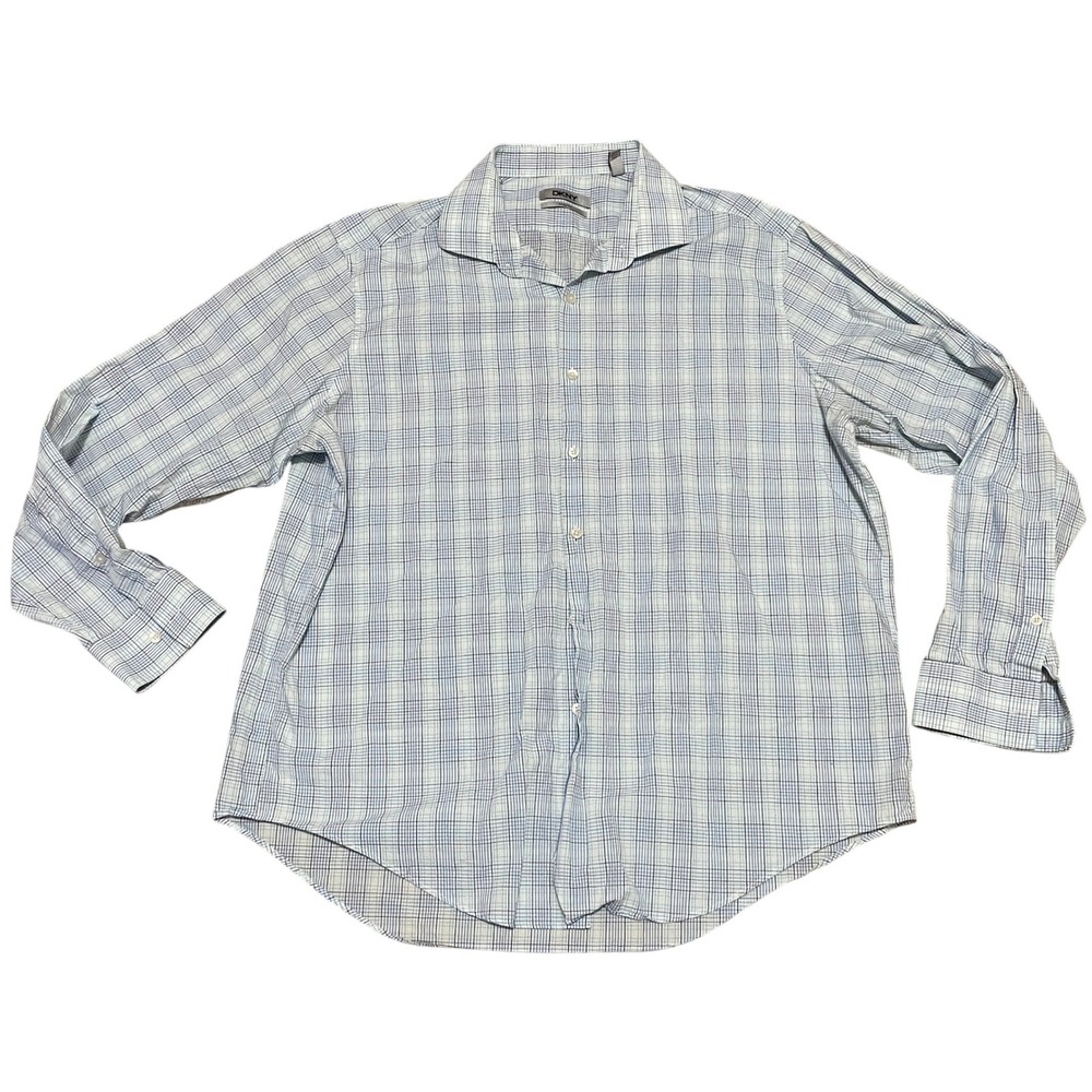 DKNY Men's Blue Plaid Lightweight Slim Fit Long Sleeve Dress Shirt  17 1/2 34/35